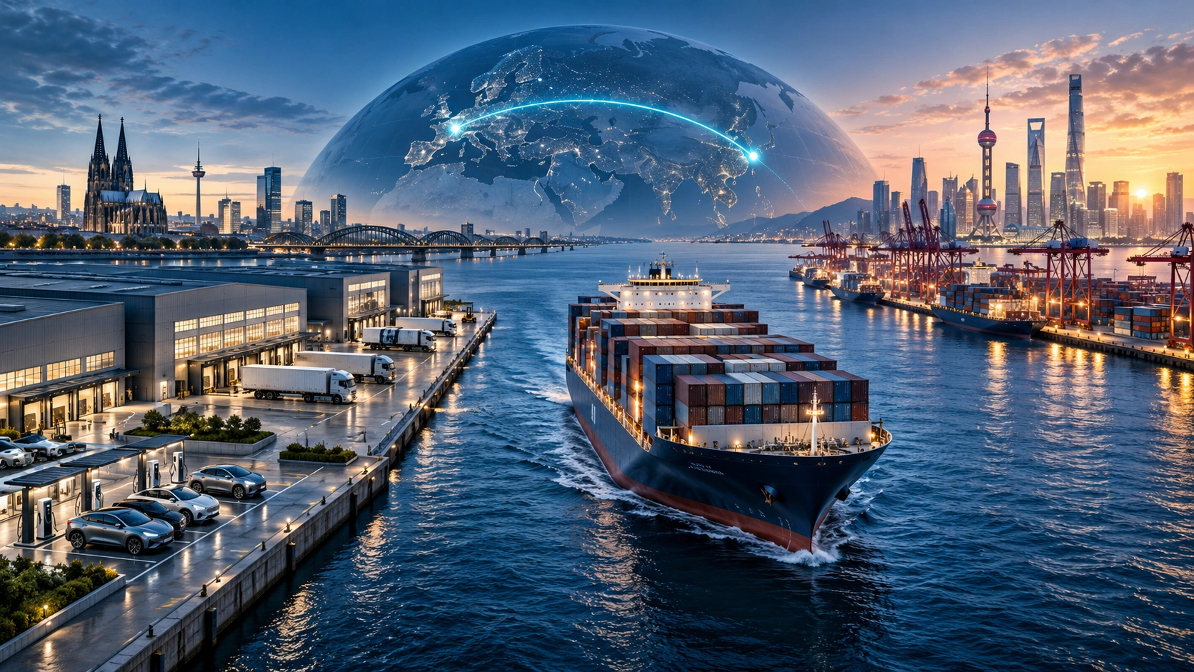 Illustration einer Logistikverbindung zwischen Deutschland und China mit Containerschiff, Lagerhallen und Elektromobilität.